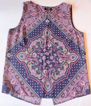 Renee C. Split Back Paisley Sleeveless Blouse, Size Large